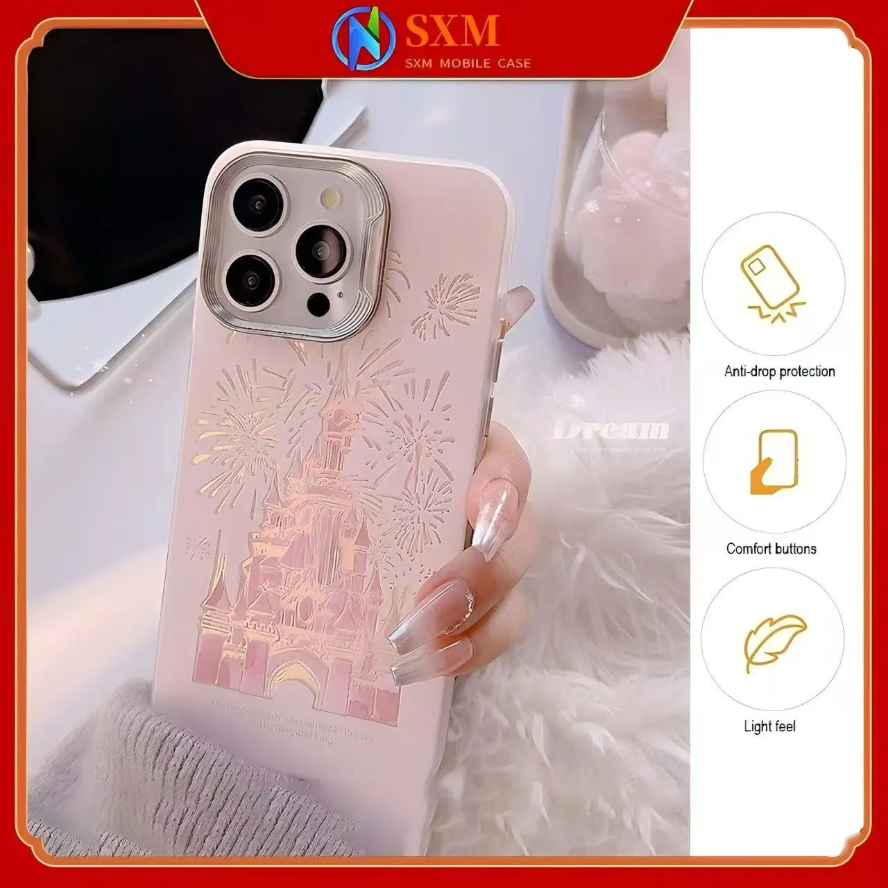 

Suitable for Apple Dream Castle, Snow Fireworks, Hairball, Bow Pendant, Laser Phone Case