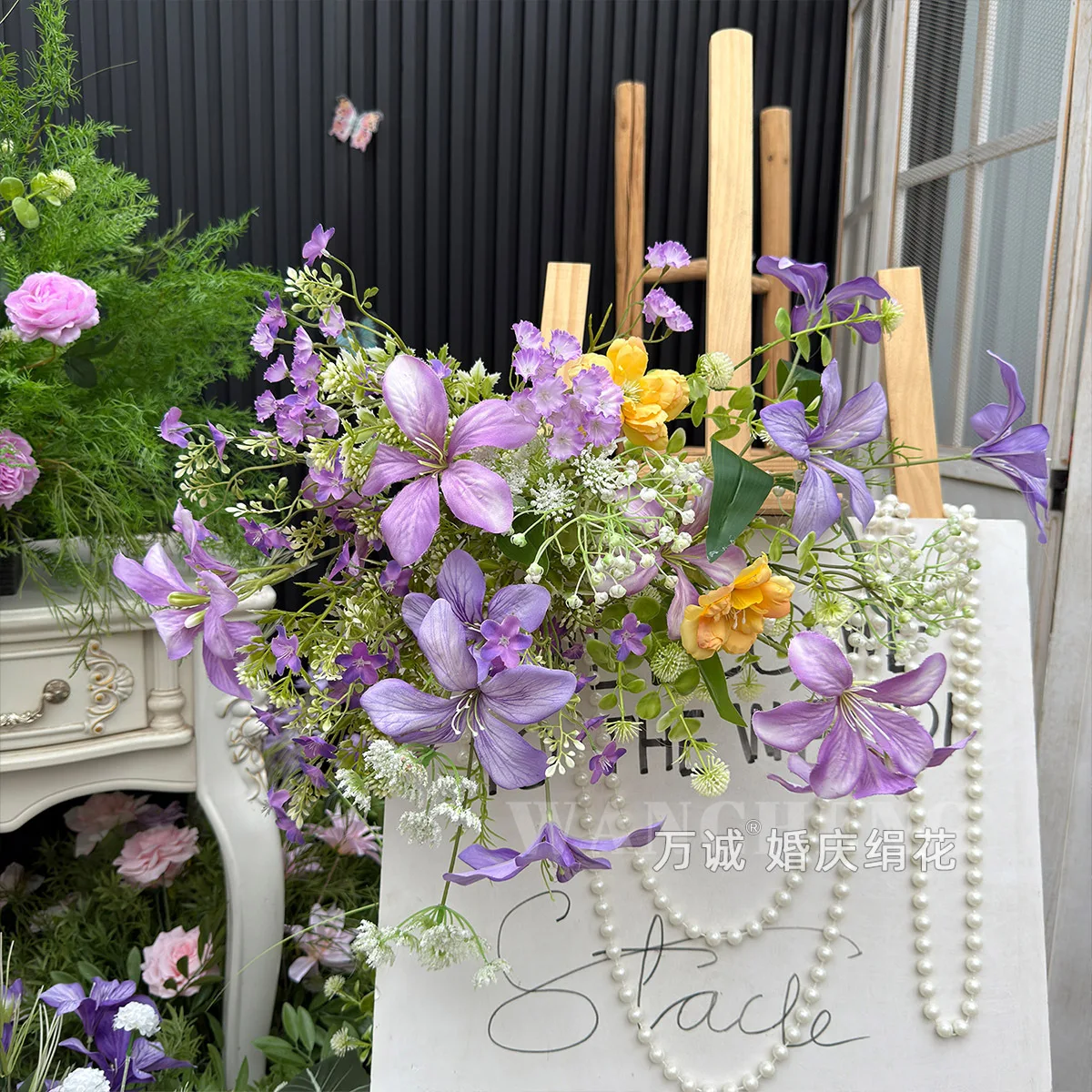 Summer forest-style wedding, wedding ground arrangement decoration, imitation floral art, fake flower walkway, runway