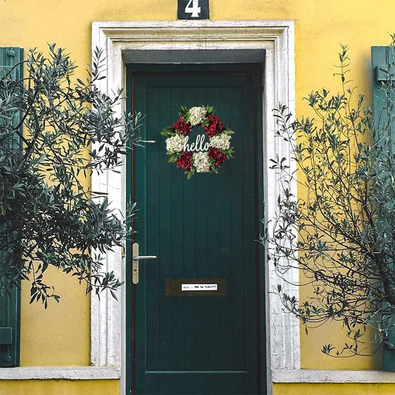 Corona para puerta delantera, corona de hortensia roja y blanca, corona hecha a mano, corona de Hello Farmhouse, primavera y verano