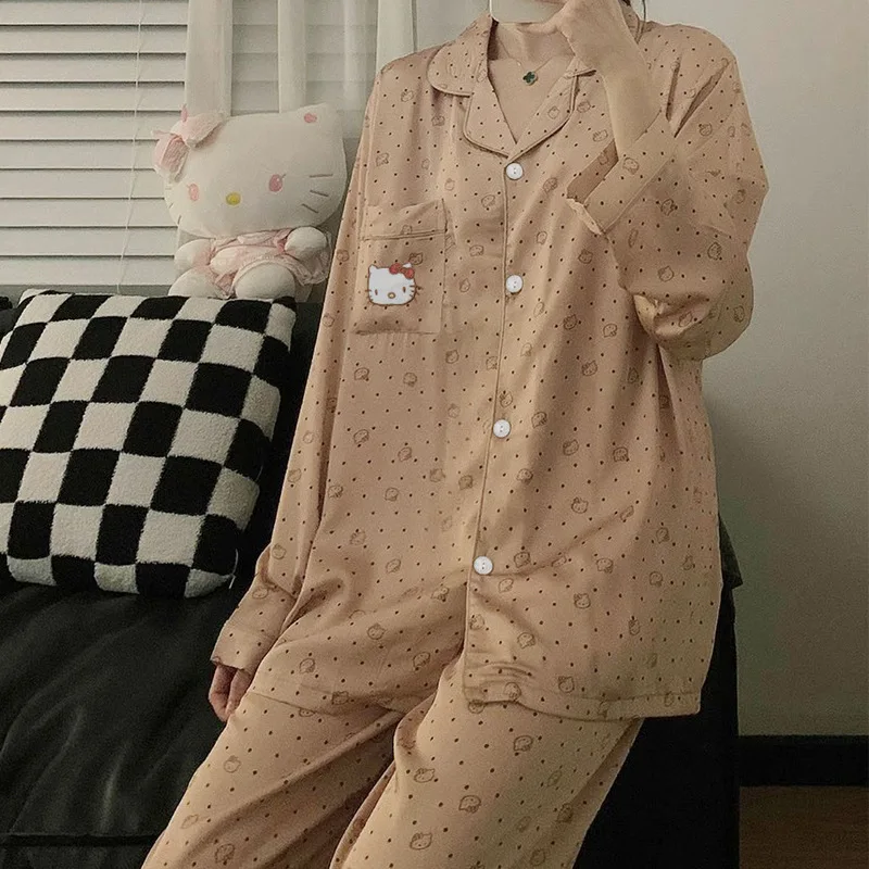 Anime Cute Sanrio Hollo Kitty Women\'s Pajamas Spring Autumn Long Sleeve Loose Casual Cartoon Print Homewear Set Gifts for Girls