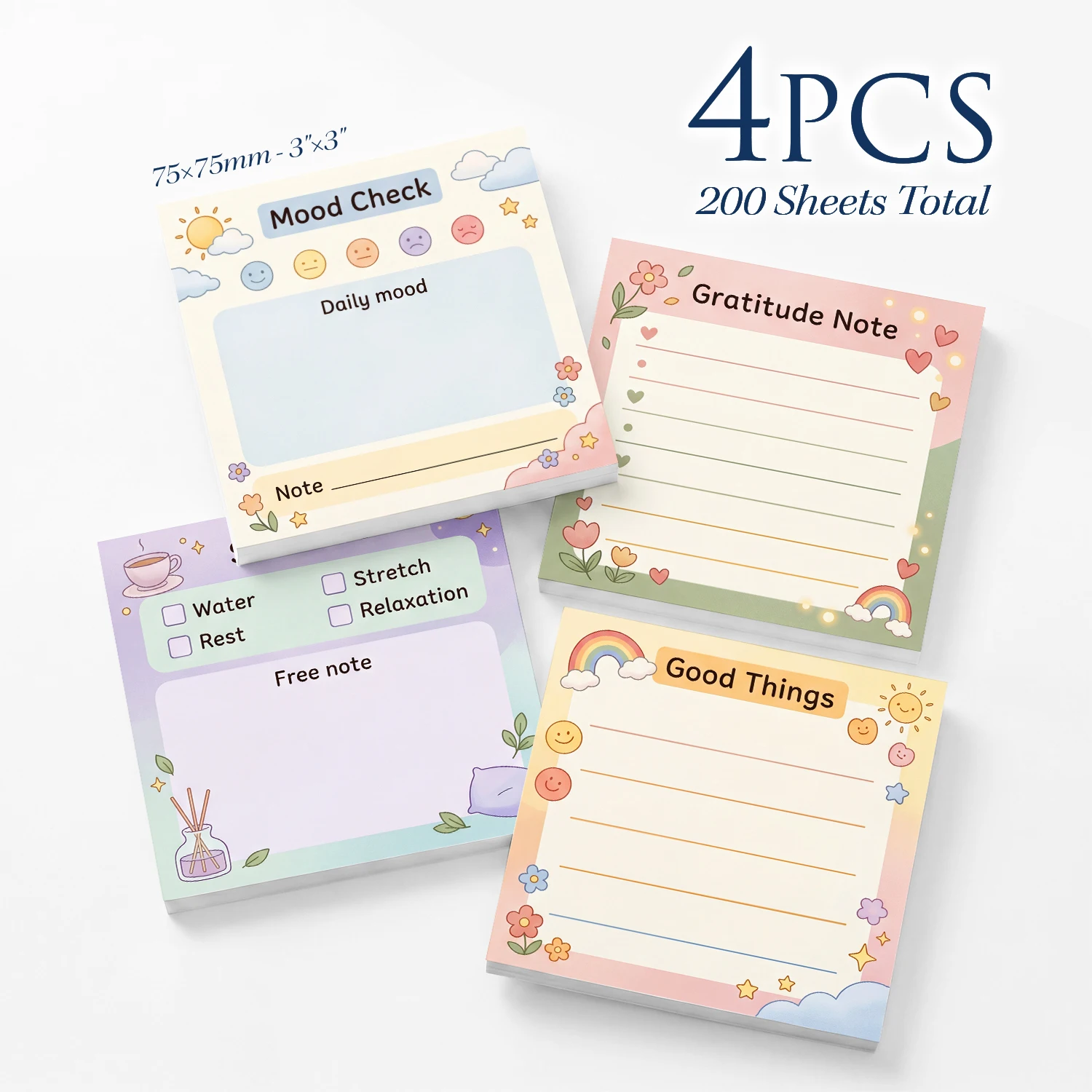 4pcs Self Care Sticky Notes Set, Mood Tracker Gratitude Journal Self Stick Memo Pads, 200 Sheets Total, Wellness Planner Notepad