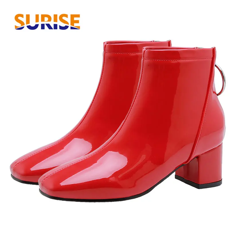 

Patent Leather Women Ankle Boots 5cm Medium Block Heel Square Toe Red Winter Casual Office Female Ring Zipper Short Ankle Boots