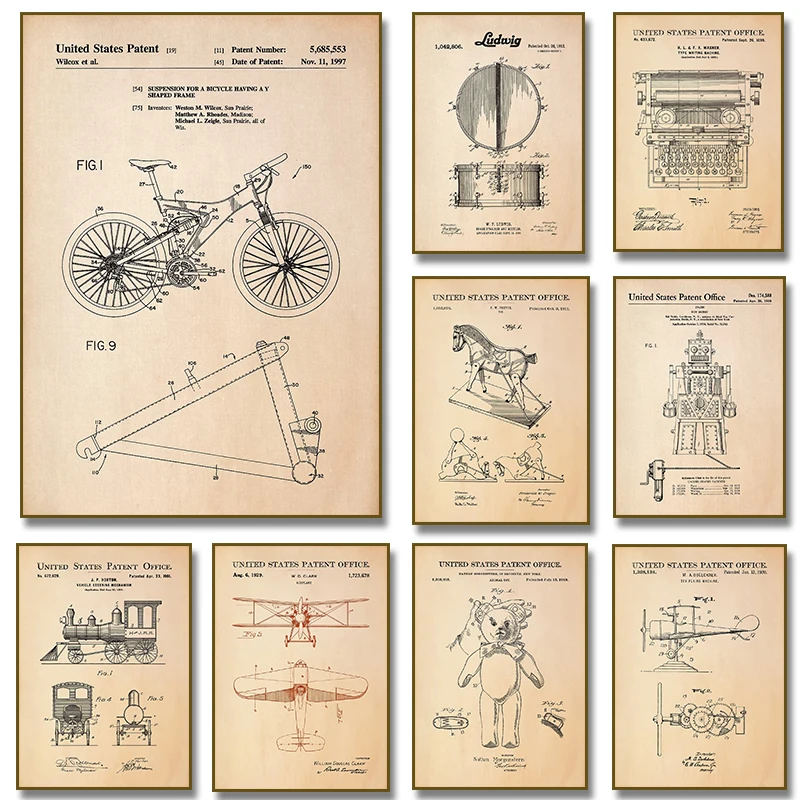 1pc frameless Canvas Painting Vintage Toys Drawing Posters Robot Teddy Bear Bicycle Aircraft Patents Illustration Prints Canvas