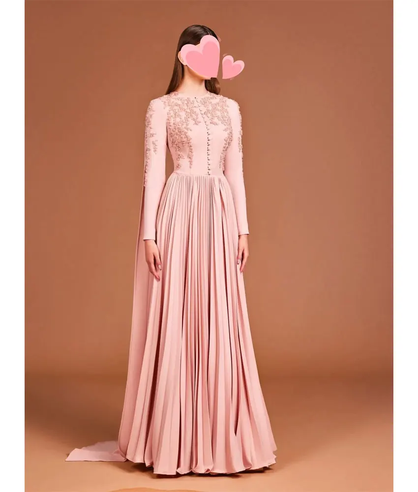 

Customized Modern Jersey A-Line Appliques Buttons Beading Evening Dress Temperament Long Sleeves Floor Length prom dresses