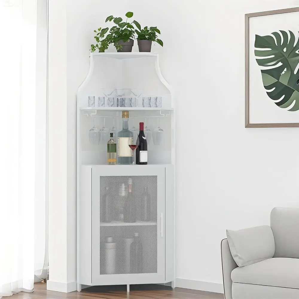 

61 Liquor Cabinet w/Glass Rack & Adjustable Shelves, 5-Tier Farmhouse Wine Cabinet w/Lockable Door & Adjustable feet for Dining