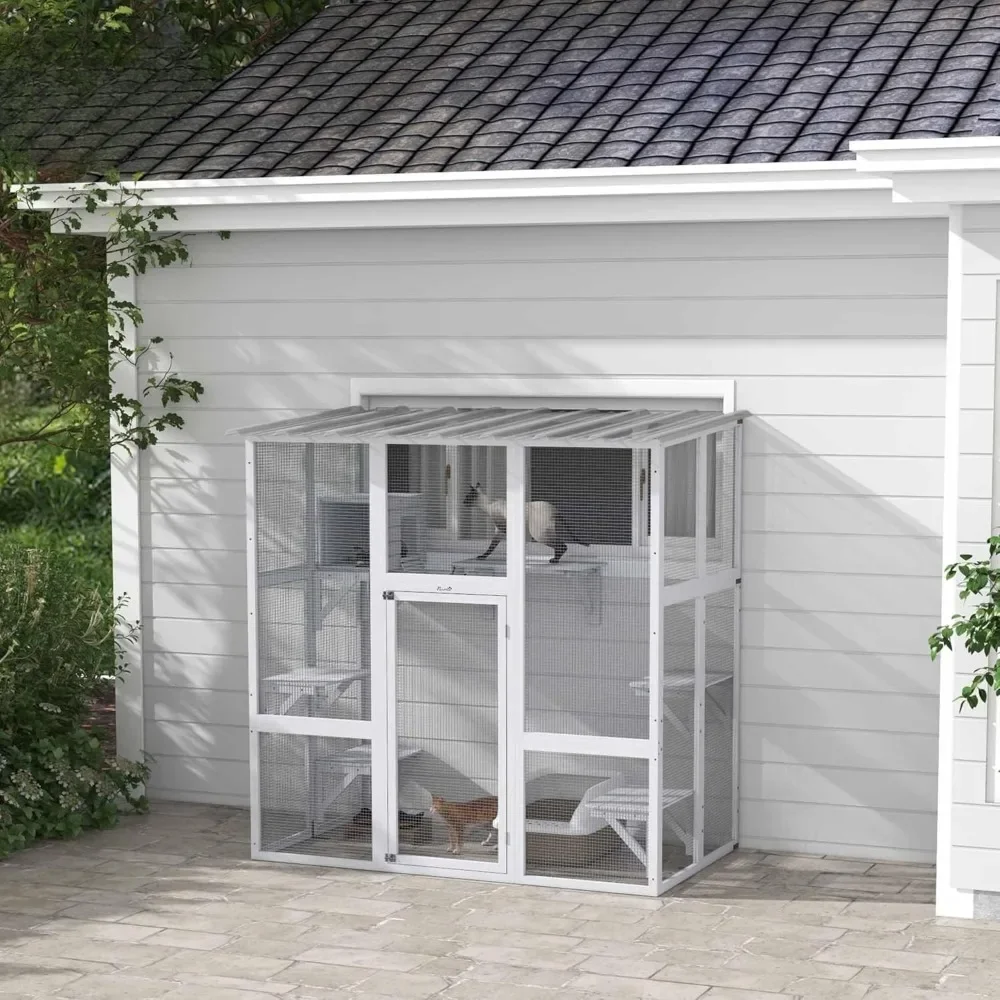 

Outdoor Cat Enclosure Window Box, Wooden Cat House Playground with Scratching Posts, Weather Protection Roof