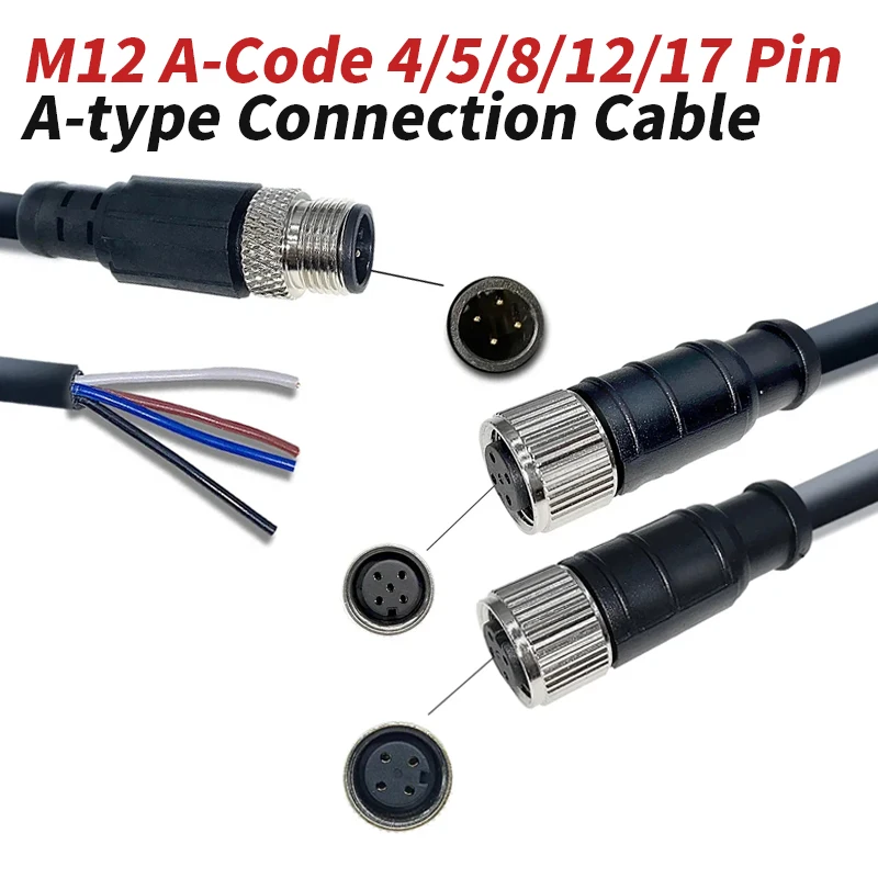 Conector de Aviación Macho-Hembra Tipo A M12 IP67 con Cable, Conexión de 4/5/8/12/17 Pines, Cable de Sensor Impermeable, Cable de Alimentación IO, Cable con Código A
