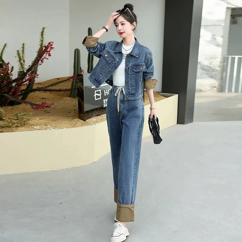 Europe Station Vintage High End Small Denim Coat Wide Leg Pants Two Piece Set For Women's 2023 New Spring Wear Denim Set Pants