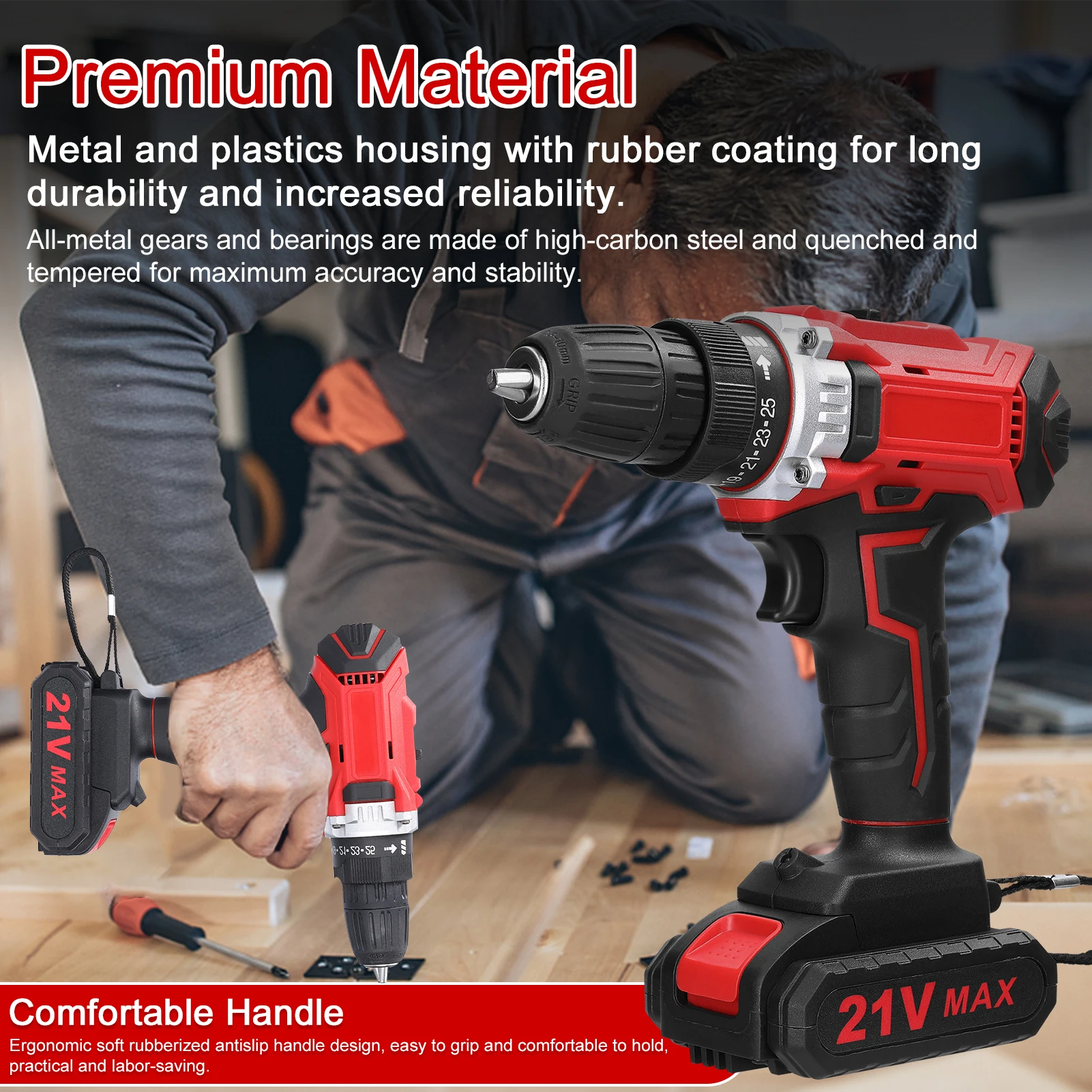 

Household Multifunctional 21V Lithium Electric Drill 2-Speed Stepless 25 Torque Gears Reversible Rotation - Adjustable Power To