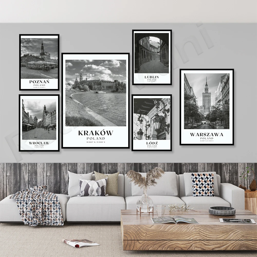 Постер для путешествий, Польша, честохова, Краков, Bydgoszcz, Лодзь, Люблин, поплов, катавица, вроцкоготь, варшва, черный и белый город, Польша