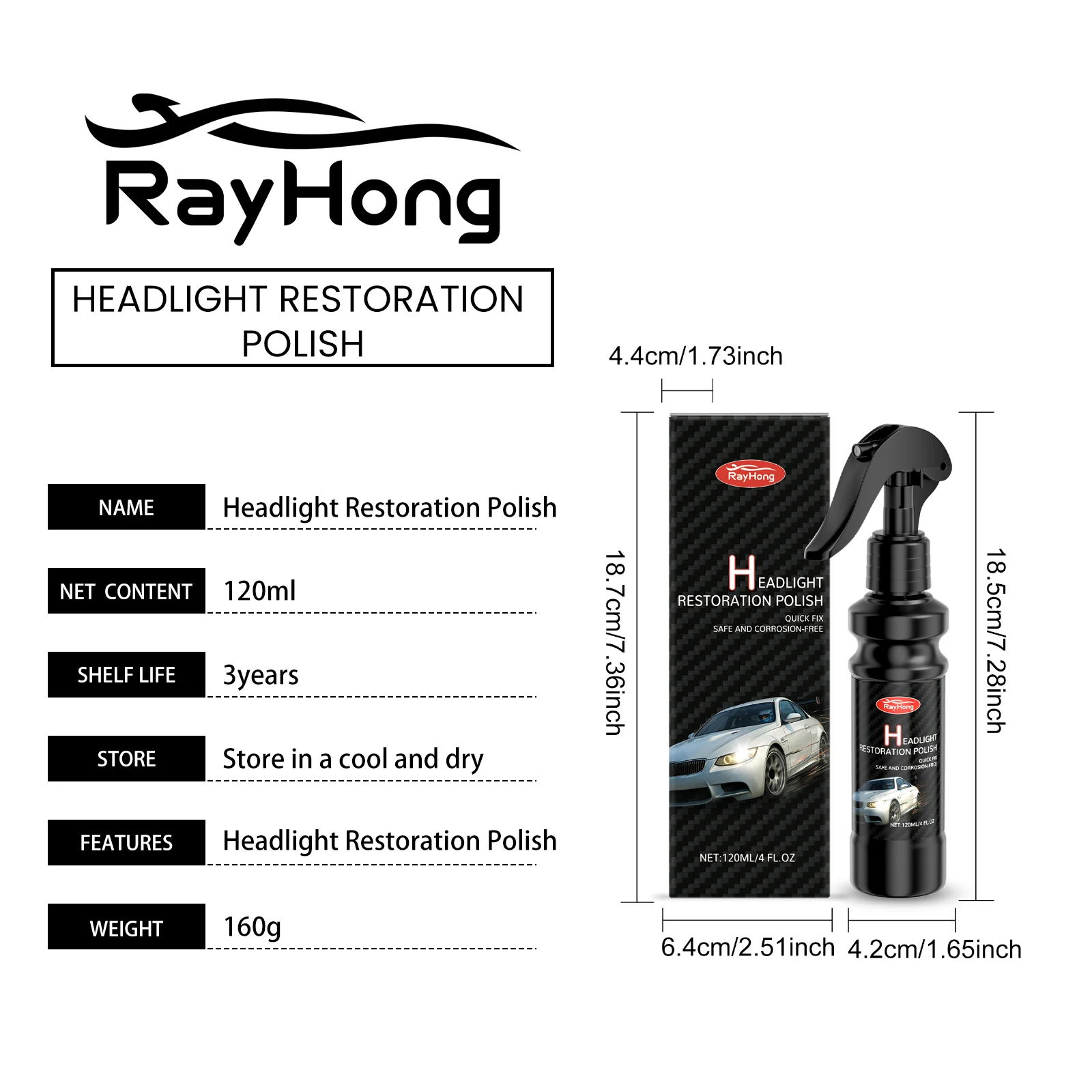 رذاذ Rayhong للعناية بمصباح السيارة الأمامي سعة 120 مل - معزز للشفافة ومقاوم للماء ومضاد للضباب - عاكس الضوء البلاستيكي/الزجاجي المتوافق #6