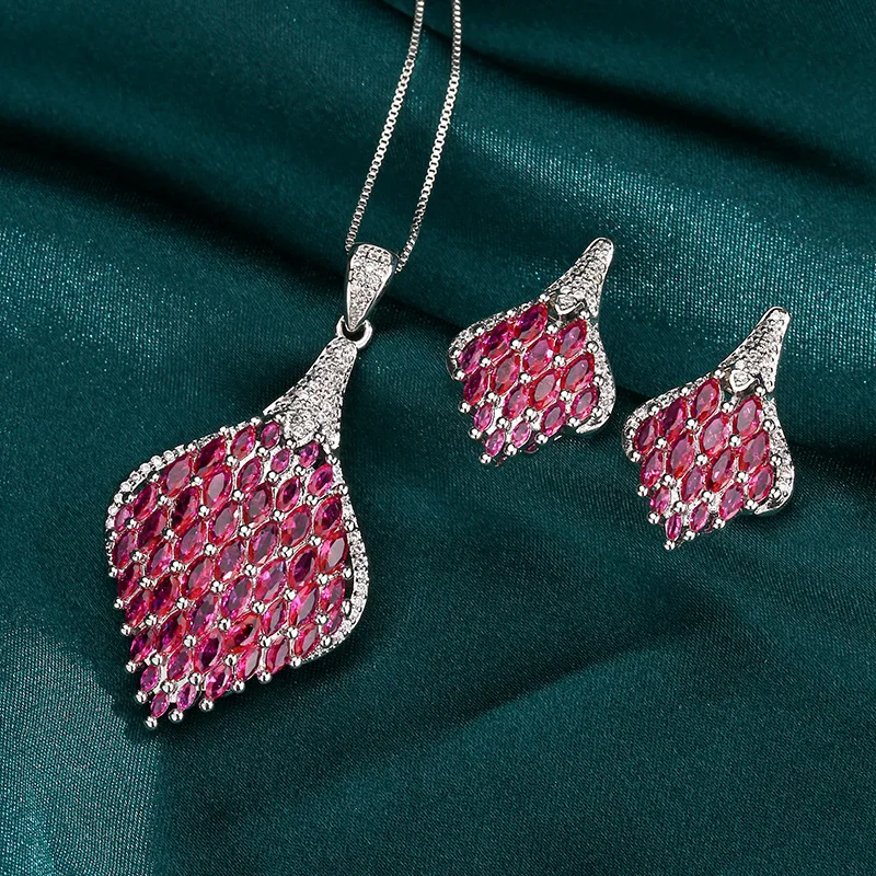 

Sparkling Ruby Red Teardrop Fan Vintage Luxury Jewelry CZ Zircon Elegant Statement Necklace Earrings Evening Party Accessories
