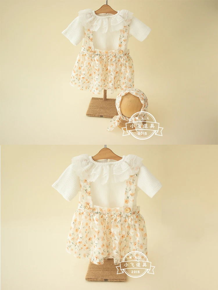 Hollow lace shoulder straps gauze skirt fungus short sleeved scarf set baby summer outfit photography props 아기 코스프레