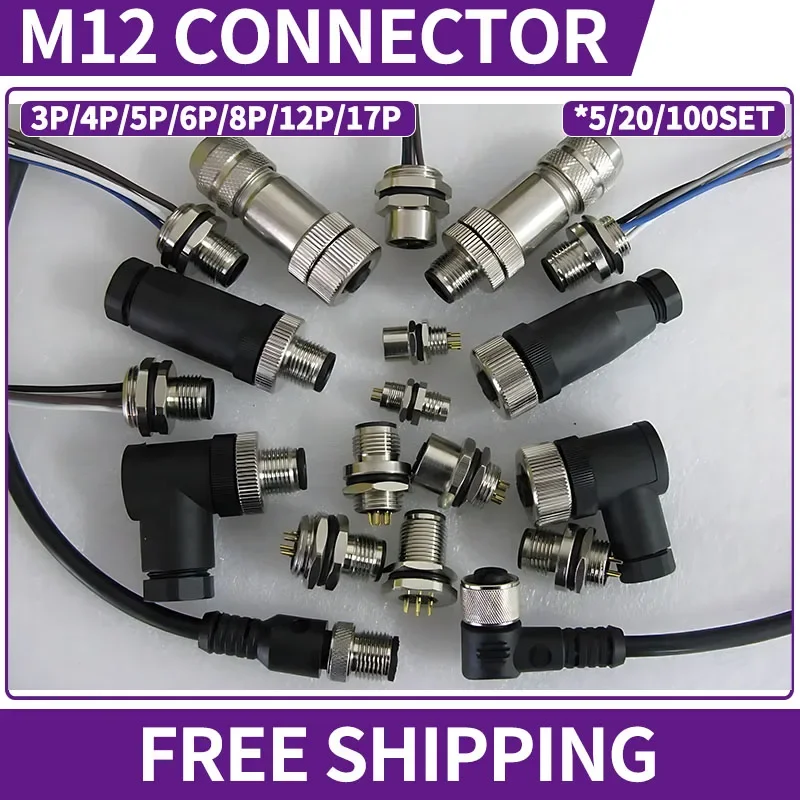 

5/20 PCS M12 Connector Aviation Plug 4P 5P 6P 8P 12P Straight/Right Angle Head Male Female Docking Waterproof Sensor Connector