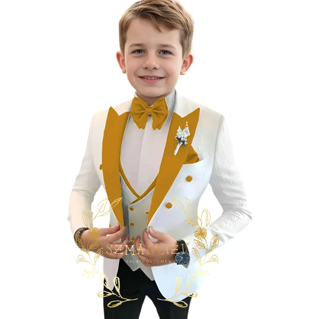 White Pattern Suit for Boys Gold Lapel Formal Outfit 2-16 Years Old Kids Wedding Tuxedo Slim Fit Design Blazer