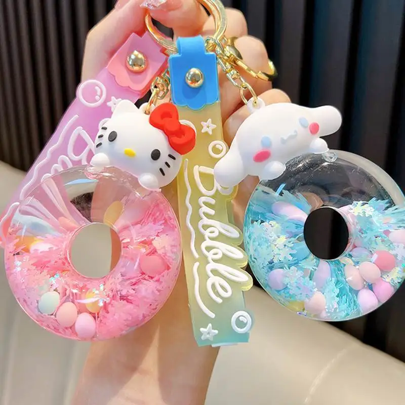 New cute Sanrio Donut Kuromi Cinnamoroll Hello Kitty keychain Acrylic Quicksand Bottle Cartoon Doll Bell Backpack Pendant Gift