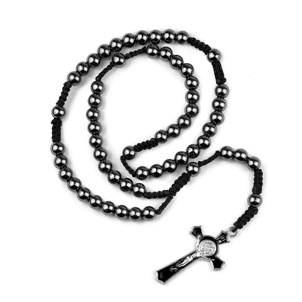 Hematite Rosary Beaded Necklace Cross Pendant Saint Christopher INRI Neklcaces for Men Religous Jewelry