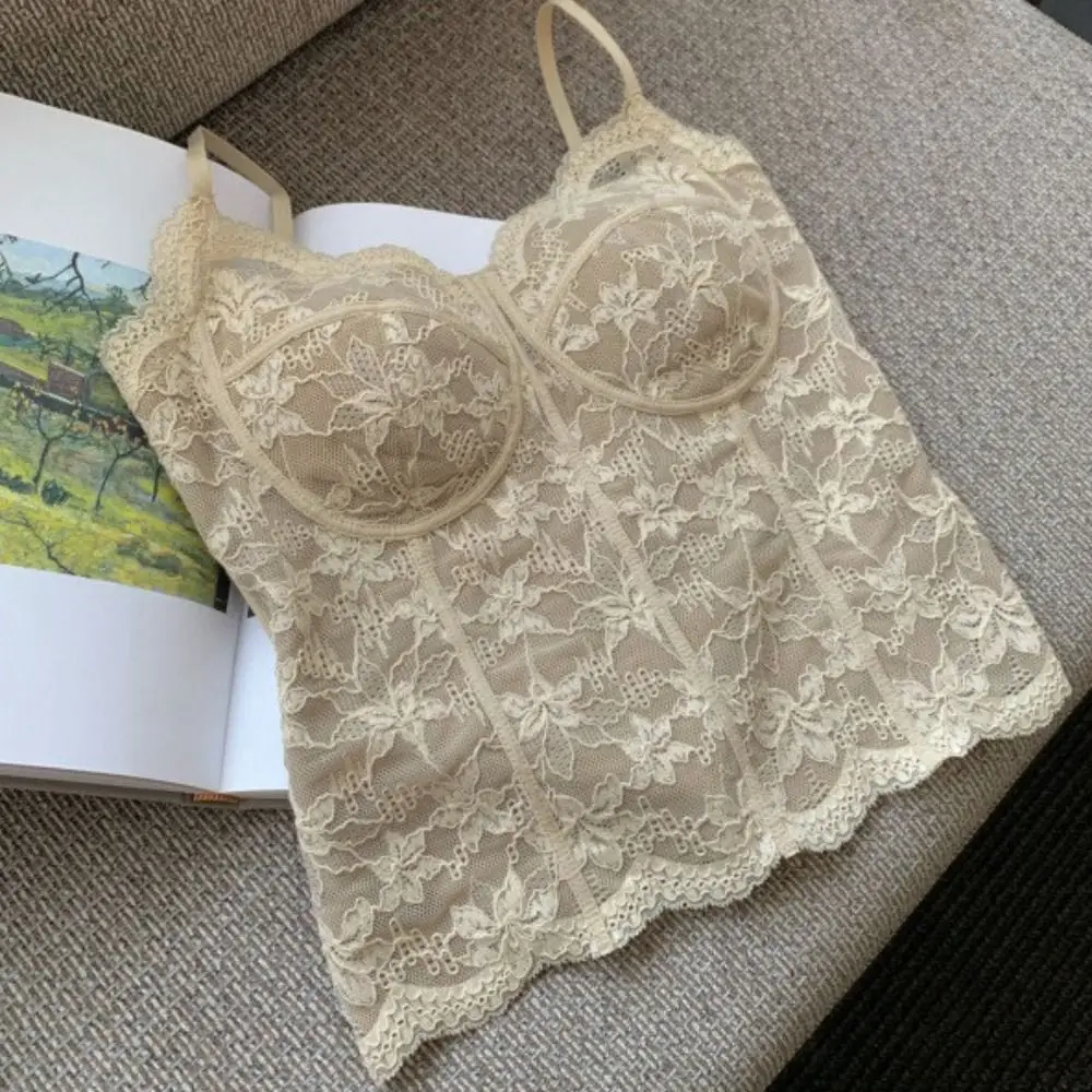 Top corto de encaje ajustado con flores de malla elegante, chaleco dulce de verano para niña, camisa de fondo, camisola picante de estilo para niña con almohadillas para mujer