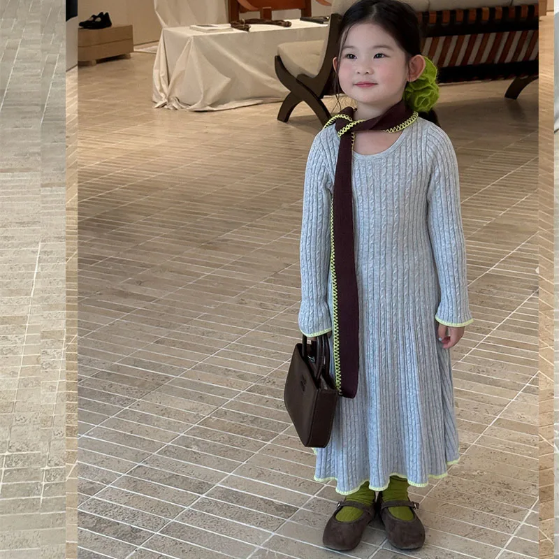 

Осеннее платье для маленьких девочек с длинными рукавами, новинка 2025 года, зимнее длинное платье-свитер макси для девочек, размер 2, 3, 4, 5, 6, 7, 8, 9, 10 лет, вязаное платье