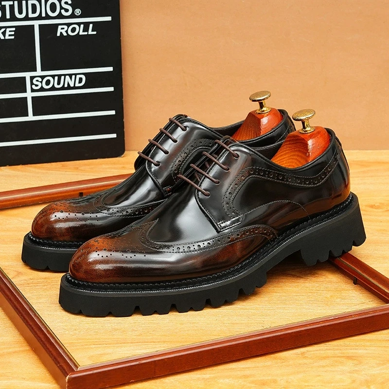 

Elegance Brogues Men's Cow Leather Lace Up Platform Dress Brogue Round Toe Daily Business Wedding Footwear