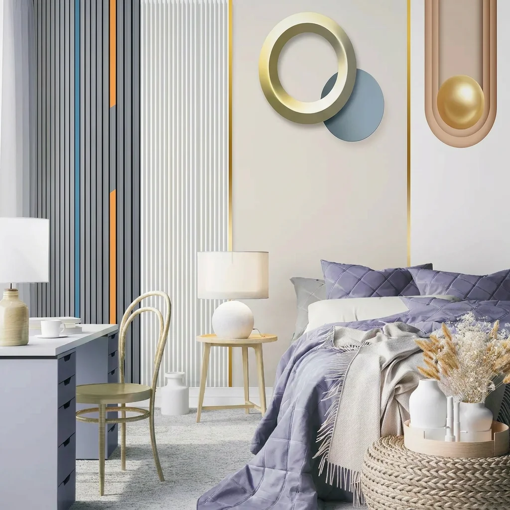 Metal circular rings, three-dimensional spheres, and vertical lines, bedroom background wall, self-adhesive material.