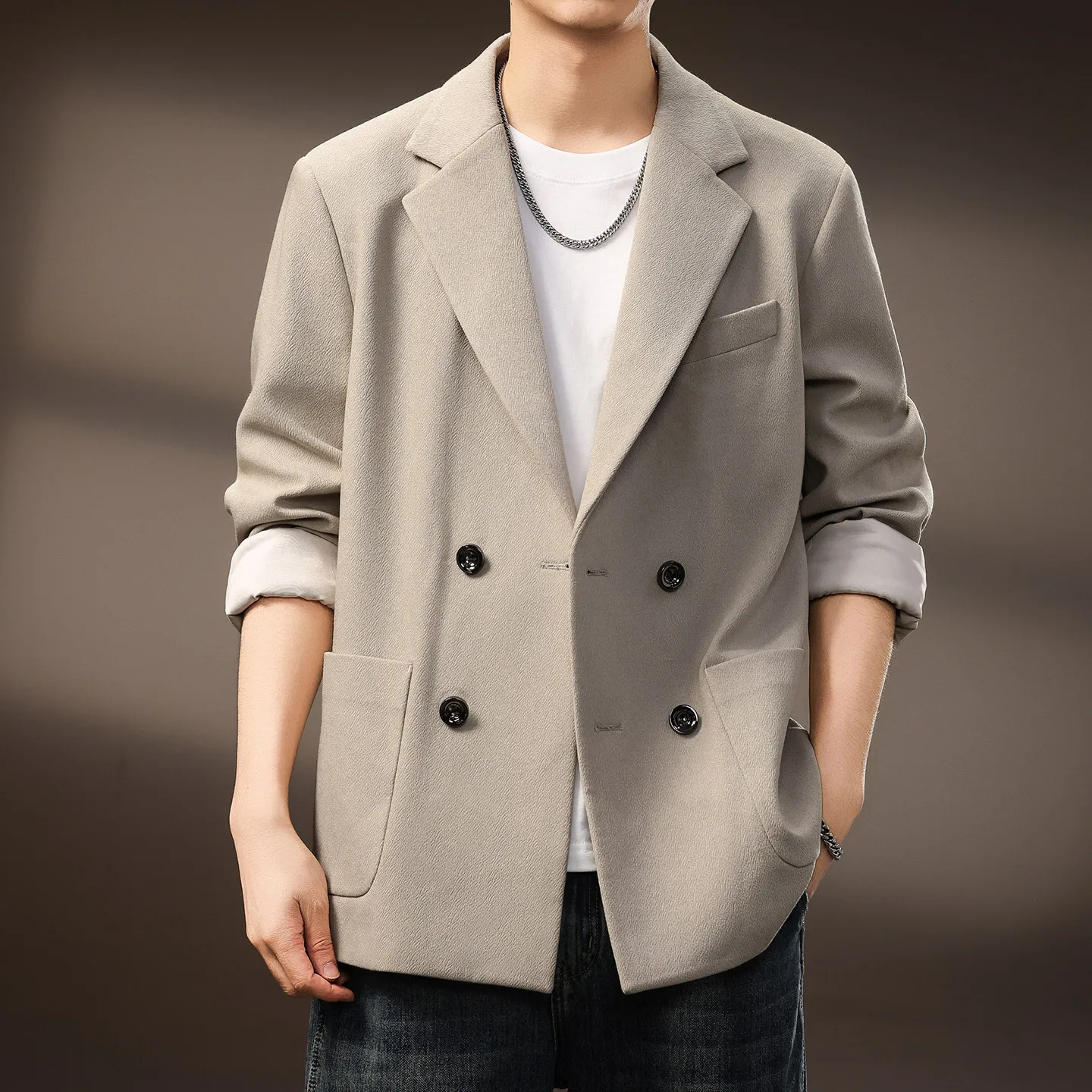 

Высококачественный непринужденный повседневный пиджак с большими лацканами для мужчин, осенний двубортный мужской костюм высокого класса на двух пуговицах