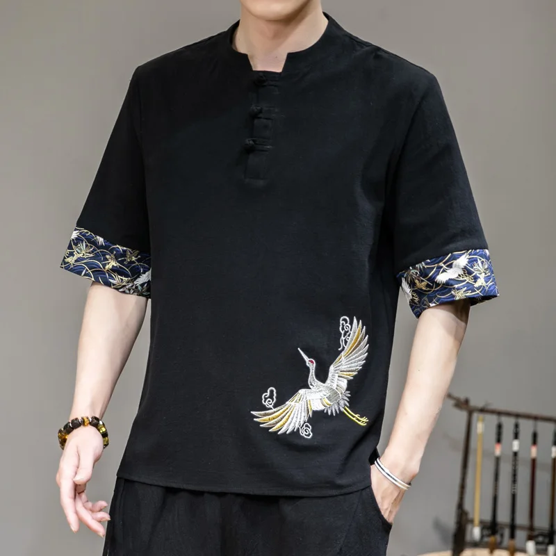 Chinese Style Disc Button Linen T-shirt Mens Summer Short-sleeved Tang Shirt Loose Large Size T-shirt Japanese Kimono Men New