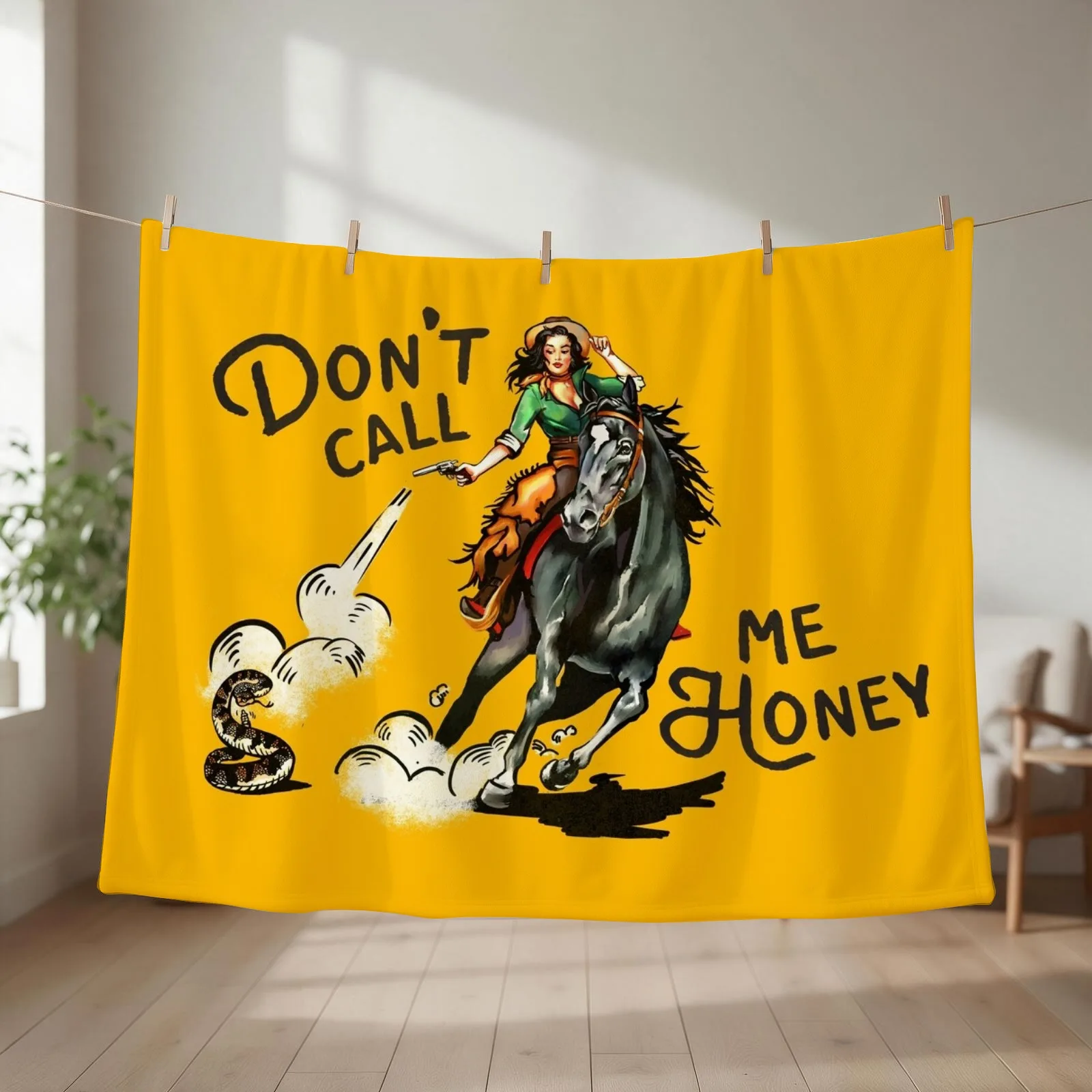 Don't Call Me Honey Vintage Pinup Cowgirl On Horseback Shooting A Snake Throw Blanket
