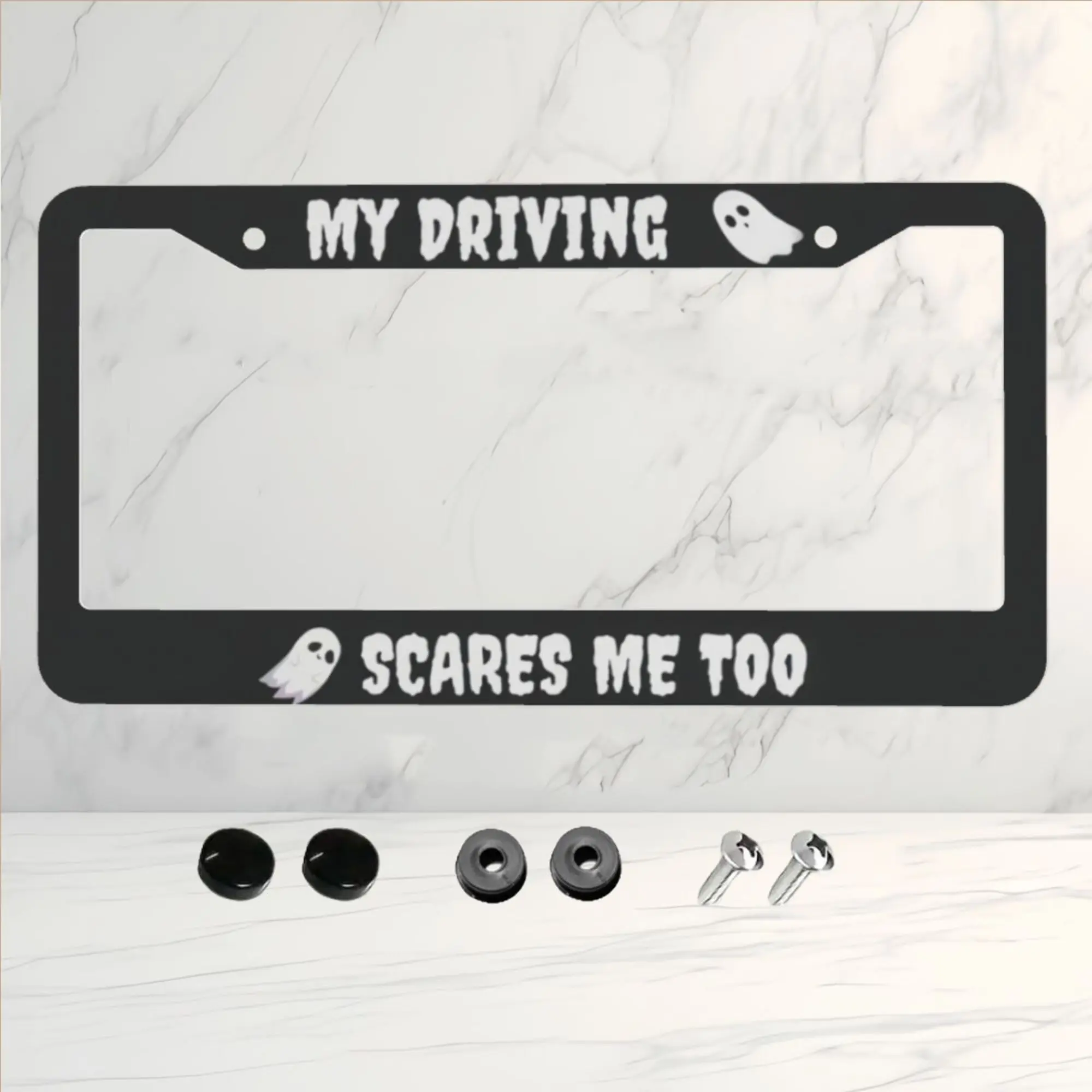 

1pc Aluminum License Plate Frame, My Driving Scares Me Too,Ghost Car, Driving Anxiety Gift, New Car Driver Gift, Halloween Car