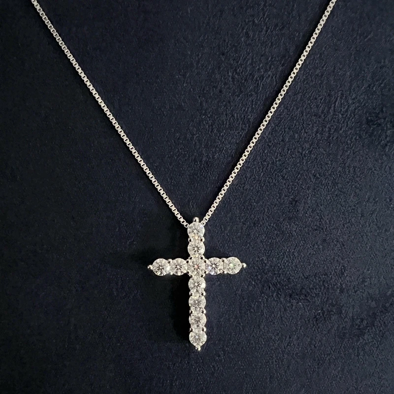 

yyhcMoissanite Cross Necklace S925 Sterling Silver Full Diamond Pendant Hip Hop American Trend Clavicle Chain for Men and Women