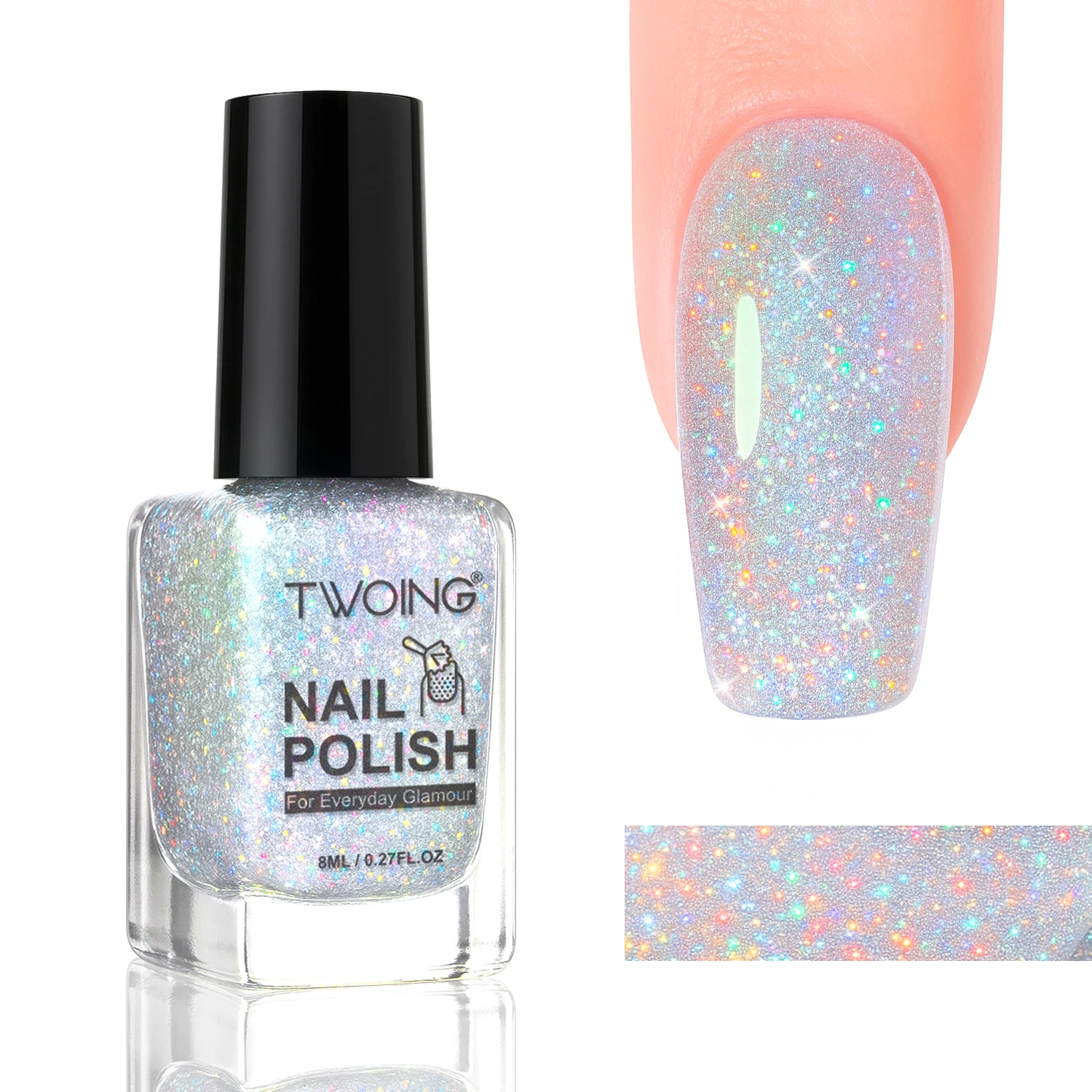 8 ml holografischer Nagellack, silberner Glitzer-Nagellack, schnell trocknend, hochglänzendes, glänzendes Nagelpigment, schillernder Laser-Nagel