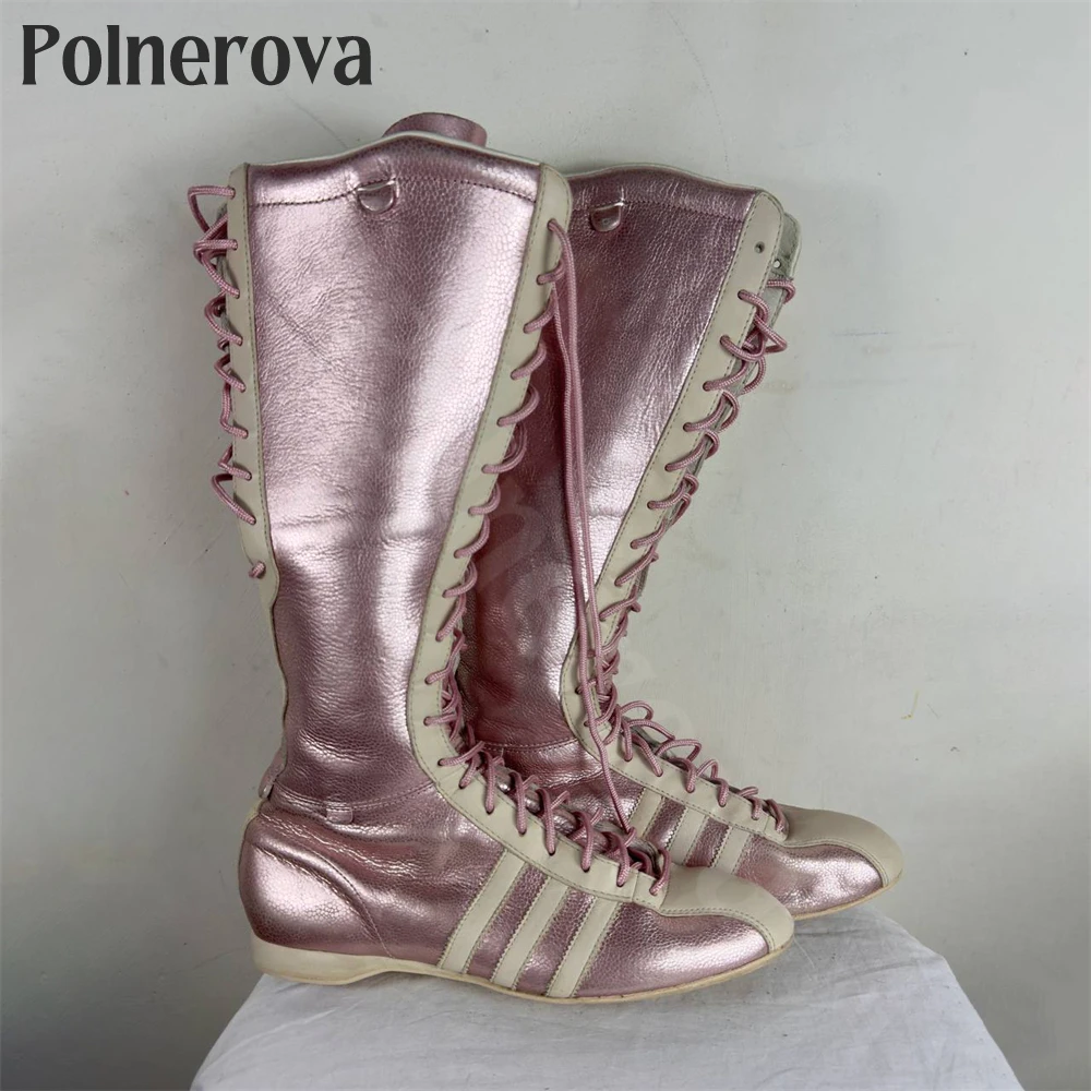 Vintage Style Sporty Knee-High Boots Designer Lace-Up Handmade Boots Soft and Comfortable Leather Flat Handmade Boots for Women