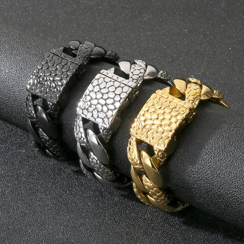 KALEN 25MM 316L Stainless Steel Cuban Chain Men's Bracelet Punk Heavy Stone Pattern Jewelry Domineering Chunky Accessories Gift