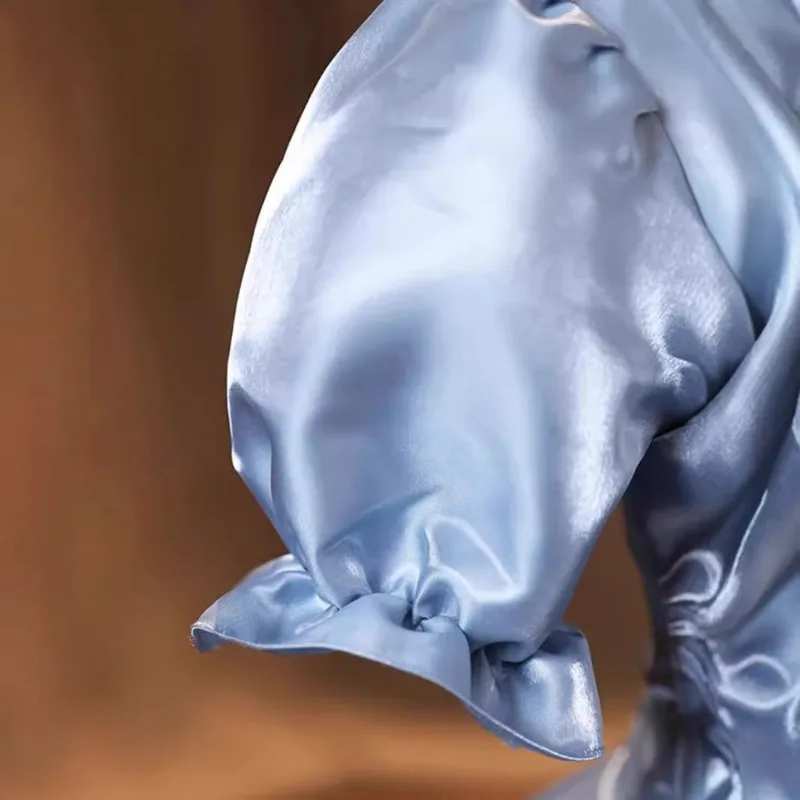 Blauwgrijze satijnen avondjurk met vrouwelijk temperament, verjaardagsfeestje, coming of age-ceremonie, lange rok, A-lijn afslankjurk