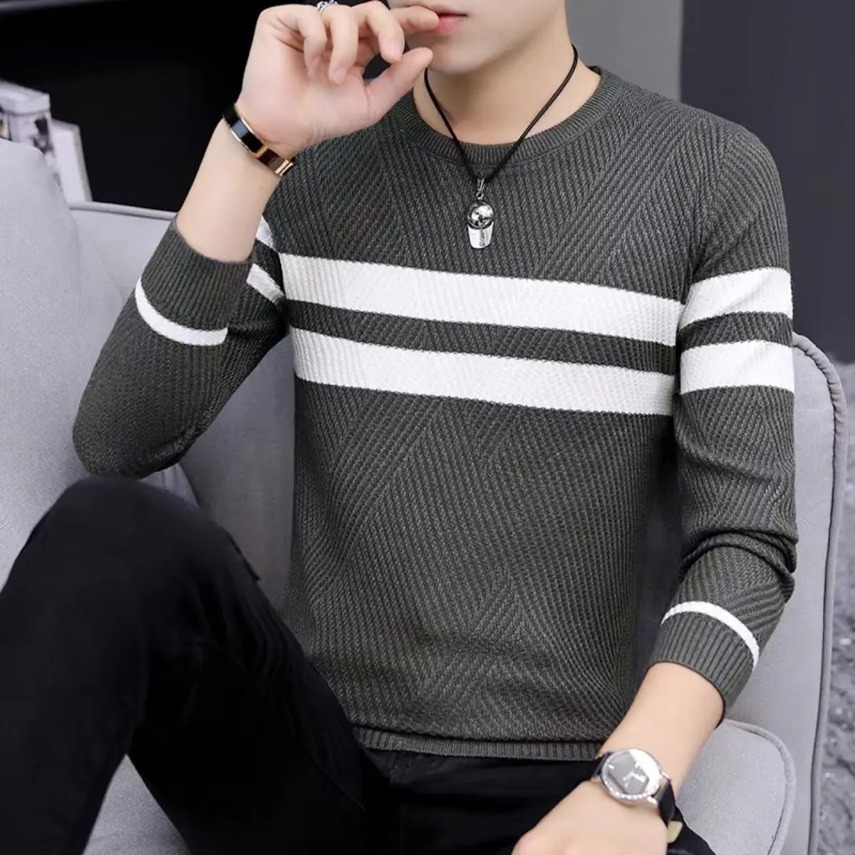 

Autumn Winter Men's Stripe Thicker Sweater Warm Crewneck Pullover High Quality Male Slim Knitted Wool Sweaters for Spring Z31