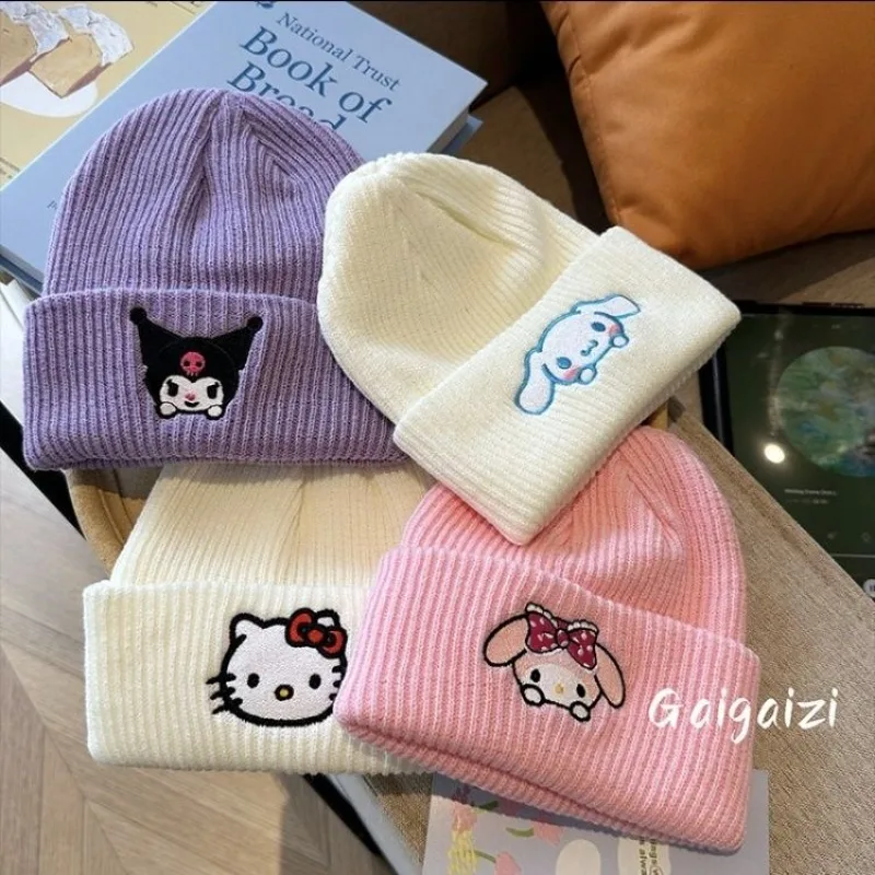 

Hello Kitty Cinnamoroll Anime Kawaii MINISO Ins Children Hat Cute Cartoon My Melody Knitted Windproof Warm Cap Gifts for Kids