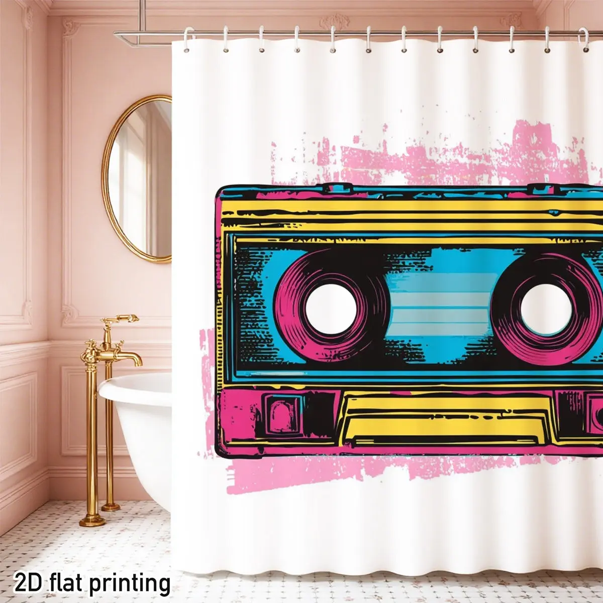 Retro Cassette Tape Shower Curtain Neon Pink Yellow Blue 80s Pop Art Design Polyester Bathroom Decor