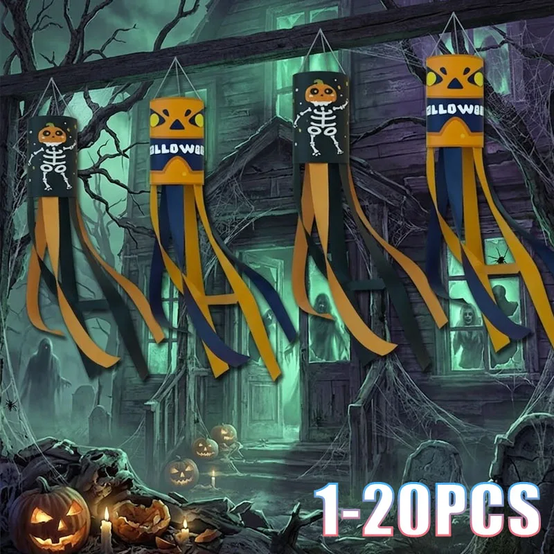 1-20PCS Halloween Ghost Windsock Flag Hanging Ornament Spooky Wind Sock for Yard Garden Haunted House Festival Outdoor Supply