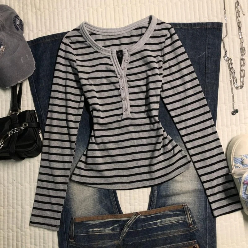 Korean Vintage Y2k Stripe Print T-shirt Women Sweet Elegant Slim Tees Autumn Casual Fahion Long Sleeve Commute Tops New