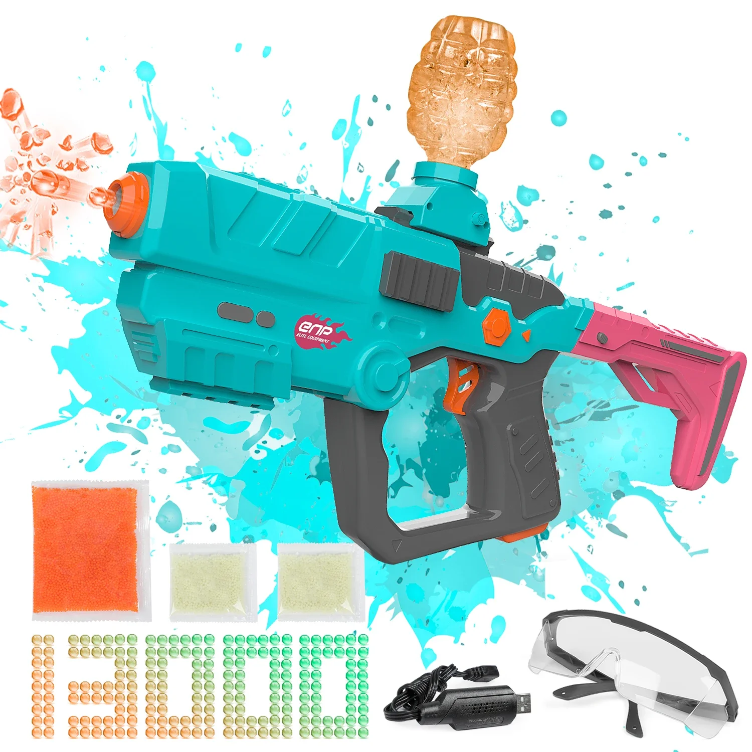 Pistola blaster de bola de gel, funil de 500 capacidades, cabo de recarga USB e óculos, brinquedo blaster de bola de respingos elétrico para exterior