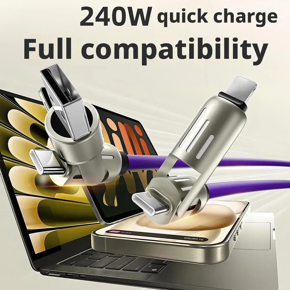 4-in-1 240w Superfast Charging Cables USB A Type-C Lightning Cable 240w 240W Power De Multi Fast Charging Cable With RGB Light