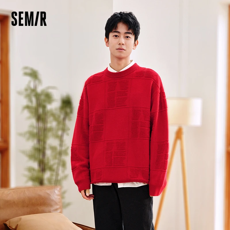 セミール-メンズニットジャカードセーター、レッドボトムセーター、モノクロプルオーバー、ルーズトップ、ファッショナブルでトレンディ、春