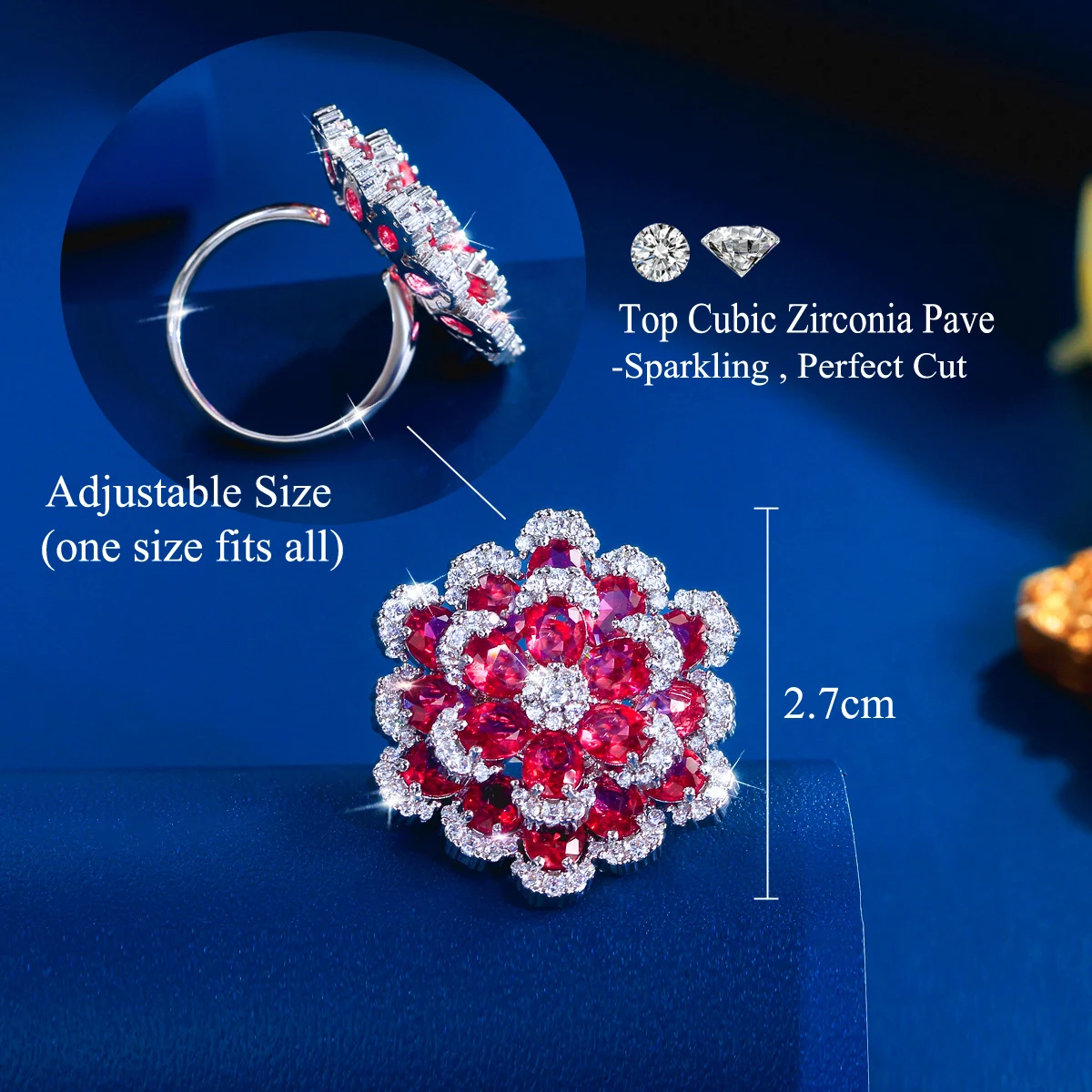 CWWZircons Rosaroter Zirkon Blumenförmiger Verstellbarer Ring für Frauen Glänzender Hochzeits- und Verlobungsschmuck Modeschmuck Geschenk Großhandel J0267 – Detail 1