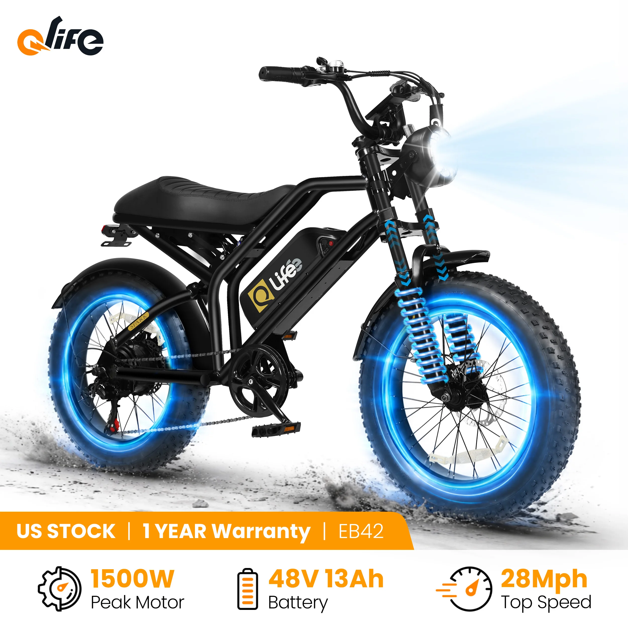 

Qlife Spark Electric Bike for Adults, 1500W Peak Motor 48V 13Ah, 20" Fat Tires Electric Mountain Bike, 28 MPH 65Mi Range Off-Road Ebike with Dual Suspension