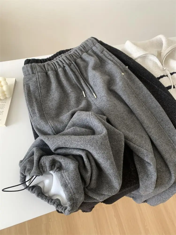 Women Loose Pants Gray Korean Style Glutinous Rice Plush Autumn Winter Warm Fleece Lined Retro Wide Leg Casual Versatile