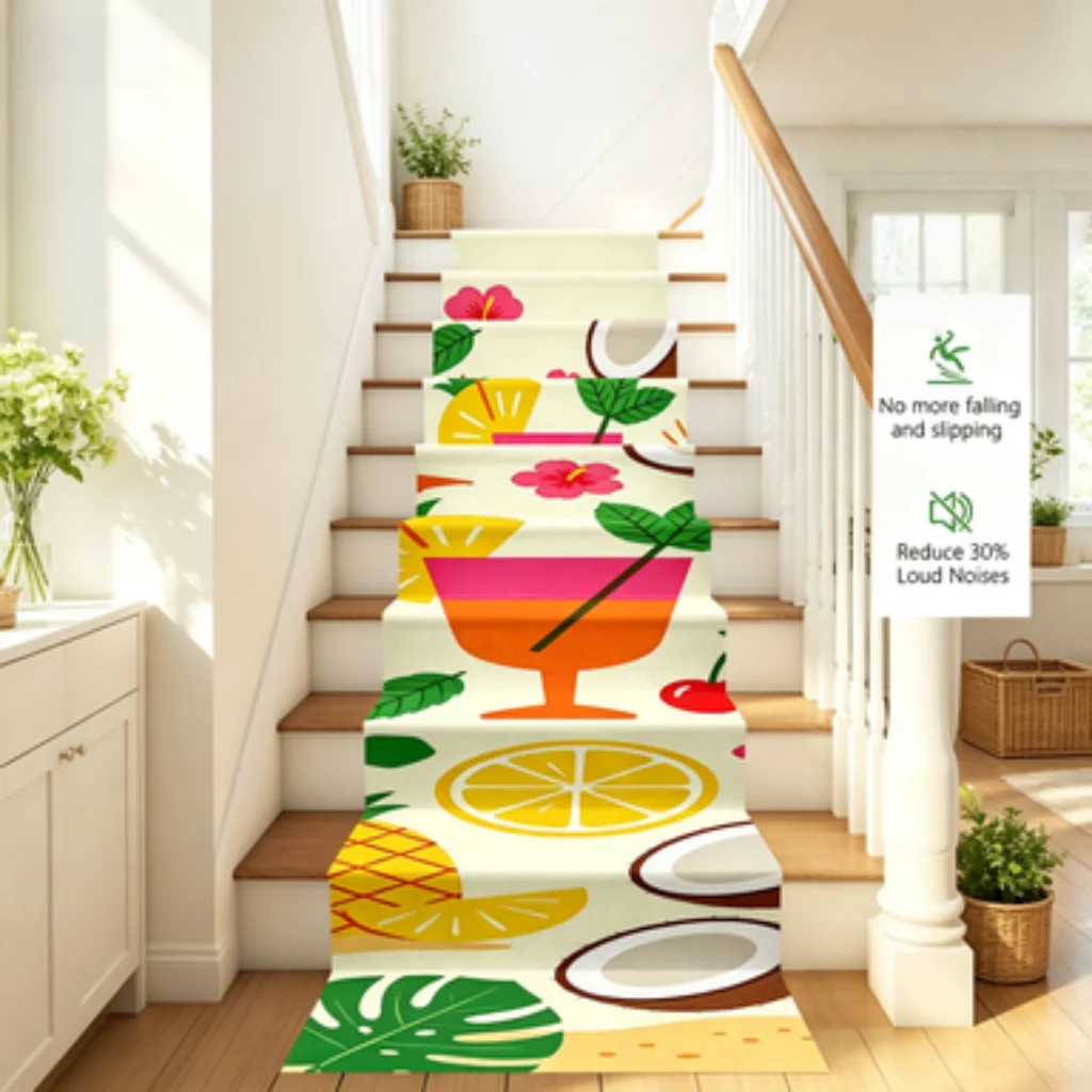 Tropical Leaf Print Self-adhesive Long Stair RunnerMat,Noise-suppressing Anti-slipStair StepProtector,Handy Long Stair Tread rug