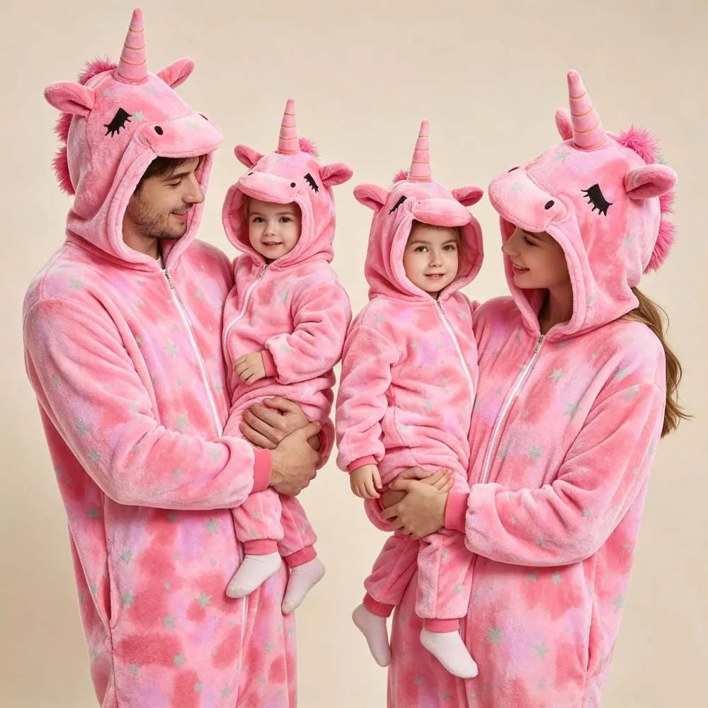 Family Matching Pajamas One Piece Hooded Flannel Jumpsuits Cosplay Costume Halloween Cosplay Costumes Onesies for Family Look