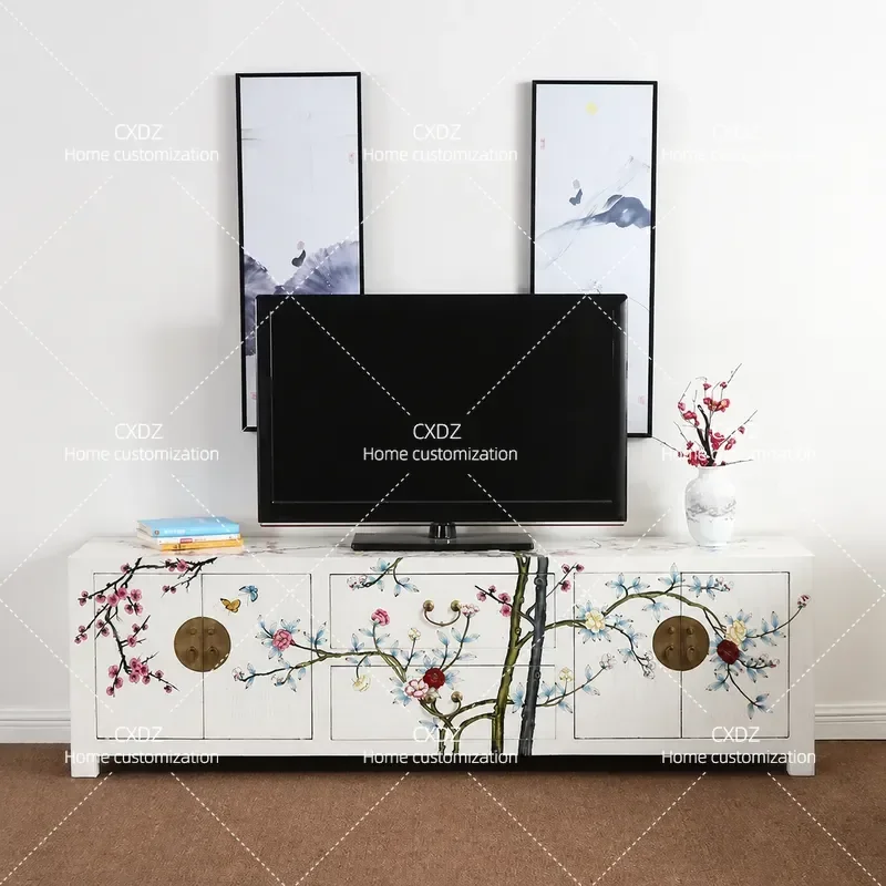 New Chinese Style Solid Wood White Painted Porch Cabinet Neoclassical TV Stand Simple Floor Storage Low Console Table