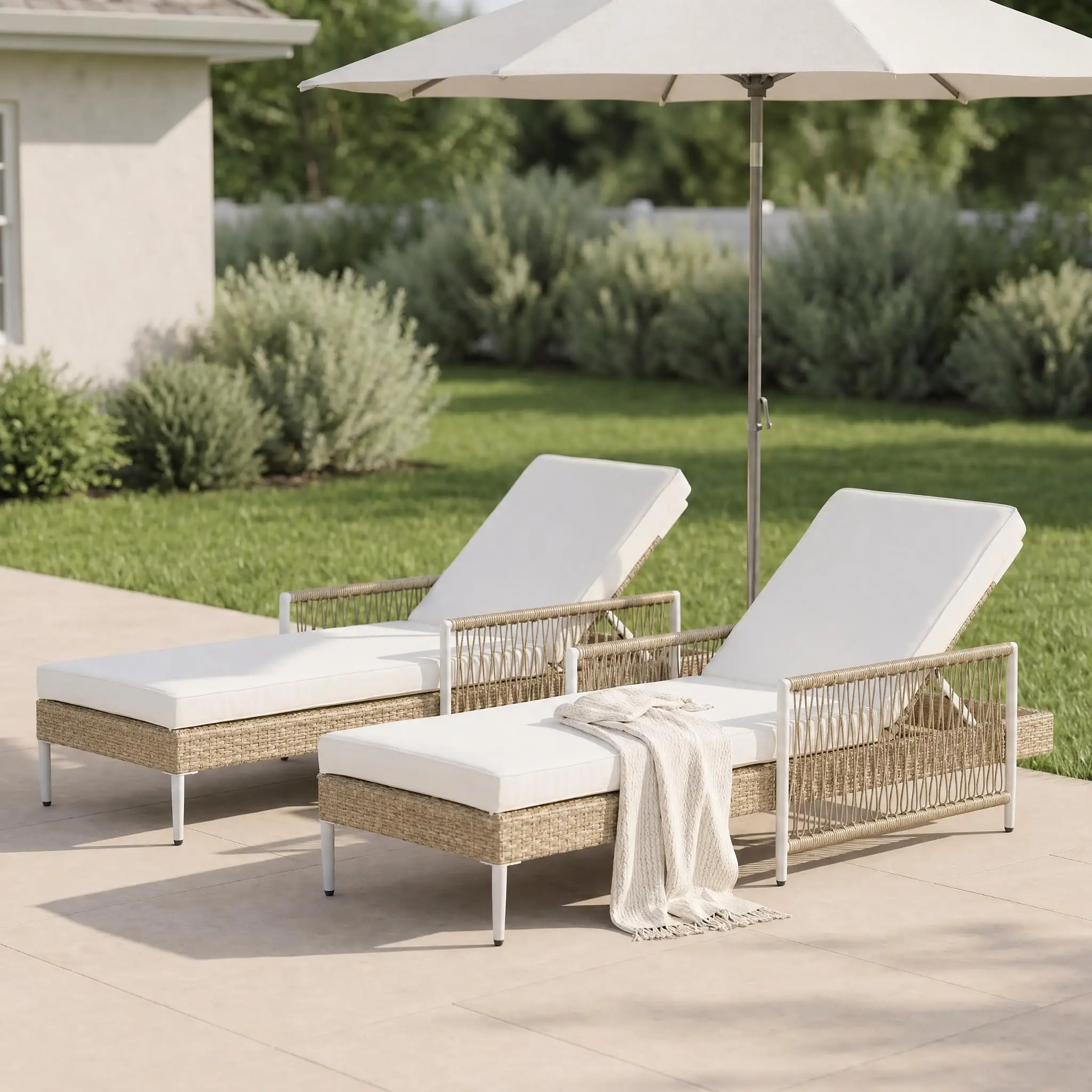 Outdoor All-Weather PE Rattan Chaise Lounge,Minimalist Patio Wicker Lounge Chair with 6 Gear Adjustable Recliner, Arms