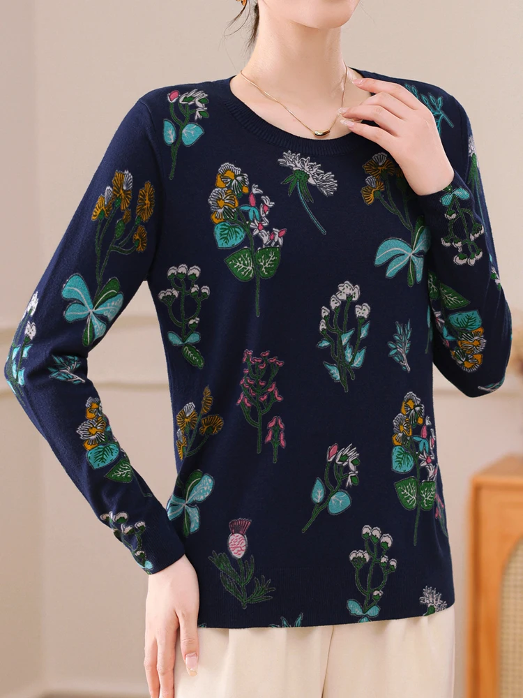 Floral Print Women\'s Sweaters Spring Autumn Thin Pullovers Long Sleeve Top Blusas Femme Soft O Neck Knitted Slim Sweater